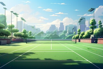 An artistic rendering of a tennis court with a sports-themed background. Generative AI