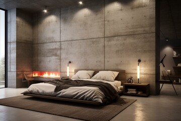 Luxurious bedroom adorned with concrete wall. Generative AI
