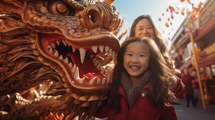 Asian people taking selfie with Dragon in festival. AI Generated.