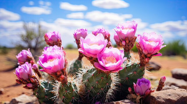 pink cactus  flowers in the desert, clouds background 
