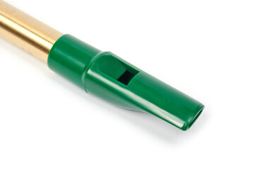 The Irish whistle is a longitudinal flute with a whistle device and six playing holes.