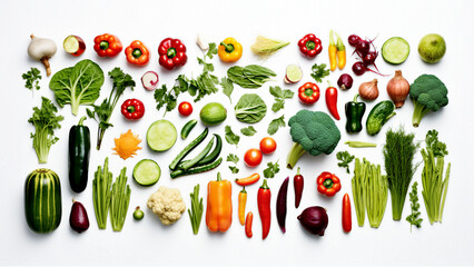 Arrangement of both whole and cut vegetables, each segregated on a transparent background.
