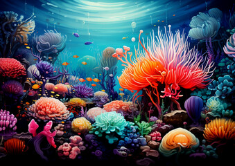 Fototapeta na wymiar Marine creatures, subaquatic ecosystems, jellyfish, coral formations, and seaweeds. Aquatic exhibit.