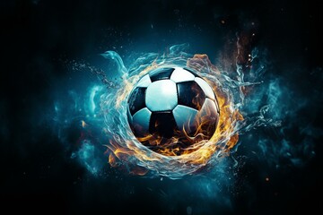 Burning soccer ball with water on dark backdrop. Perfect for high-quality soccer poster. Generative AI