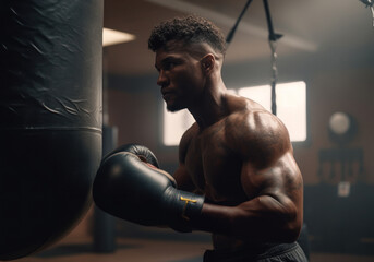 African American man training boxing with bag in a gym. Created with AI. - obrazy, fototapety, plakaty