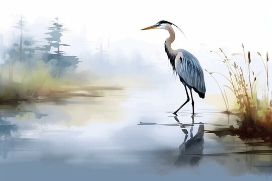 Japanese-style heron ink watercolor painting on canvas print, desktop wallpaper, background. Generative AI