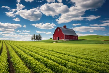 Obraz premium A scarlet farm building situated amidst expanses of vibrant, green crops.