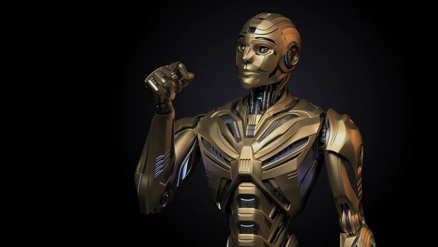 Futuristic robot man or detailed humanoid cyborg looking at his arms. Upper body isolated on black background with alpha. 3d rendering animation