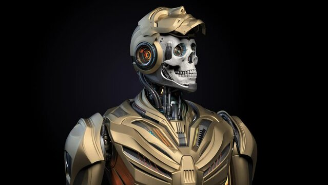 Futuristic robot man or humanoid cyborg with post apocalyptic human skull under the face mask looking around. Upper body isolated on black background with alpha. 3d rendering animatioin