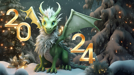 Beautiful strong magical, cartoon dragon symbol of 2024 in a snowy fairytale forest with golden numbers 2024 and copy space. 2024 Happy New Year greeting card concept.