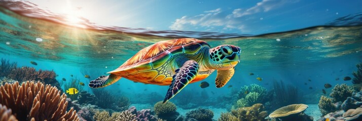 Fototapeta na wymiar A pristine seascape beneath the waves where a sea turtle glides gracefully.