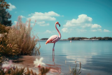 Landscape: A coastal lagoon with flamingo wading in shallow waters