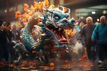 Several asian people celebrating dragon new year. AI Generated. - obrazy, fototapety, plakaty
