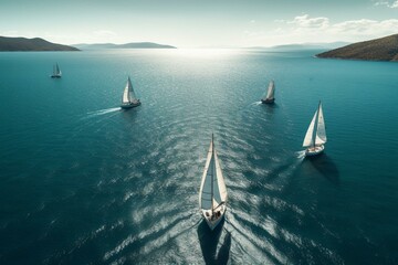 Aerial view of sailboats sailing in a team on a turquoise sea. Generative AI