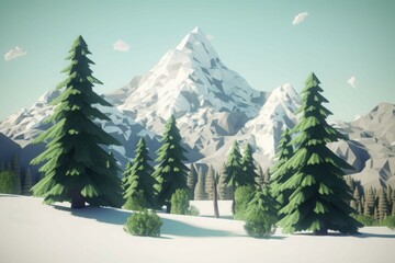 Mountains trees winter. Nature dramatic. Generate Ai