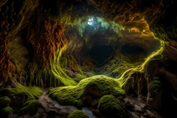 Picture a subterranean world where glowing fungi and lichen cover the walls of a cave, casting an enchanting, soft radiance. Produce an image that showcases this unique underground ecosystem - obrazy, fototapety, plakaty