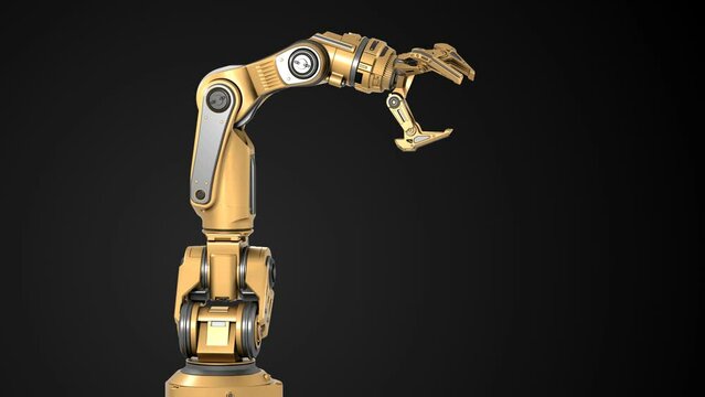 Robotic arm or yellow mechanical hand computing different movements. Industrial robot manipulator showcase. Futuristic technology. Isolated on dark background with alpha. 3d rendering animation