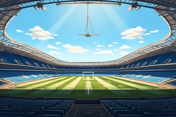 An athletics venue with rugby goalposts. Generative AI