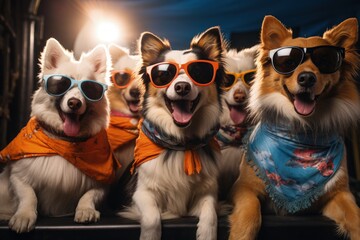 dogs portrait with sunglasses, Funny animals in a group together looking at the camera, wearing...