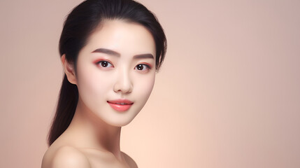 Beautiful young Asian woman with clean fresh skin, on beige background with copy space, facial treatment, facial care. Cosmetology, beauty and spa. Asian woman portrait