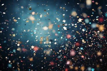 Festive starry confetti falling for party or birthday celebration. Generative AI