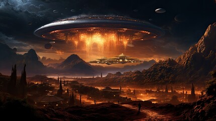 Apocalyptic alien invasion landscape: spacecraft, resistance, and destruction - obrazy, fototapety, plakaty