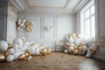 An unfurnished room with white and gold balloons placed by the wall. Generative AI