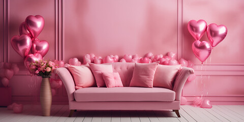 Valentine s themed living room with pink sofa red partition heart decorations on wall interior design. Cozy Valentine's Day Interior Design
