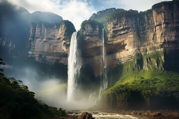 Breathtaking panorama of majestic Angel Fall, Venezuela's towering waterfall. Generative AI - obrazy, fototapety, plakaty