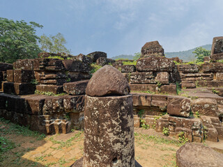 Shivalinga is in the middle of ruins of the ancient Shiva Hindu temple at My Son sanctuary in central Vietnam which was constructed between the 4th and the 14th century.