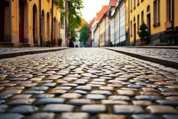 A paved street with a stone road and sidewalks, lined with cobblestones on both sides. Generative AI