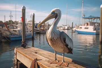 Landscape of a picturesque coastal town and a sitting pelican.
