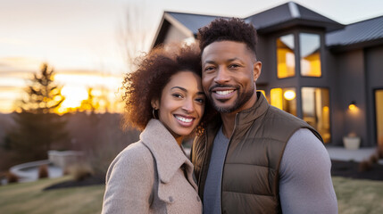 Happy african american couple in front of new house. Generative AI - Powered by Adobe