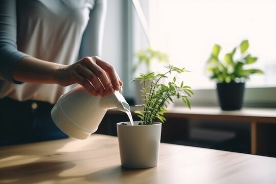 Person watering plant pot. Indoor home. Generate Ai