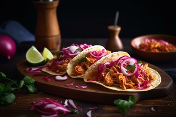 vibrant Mexican tacos with cochinita pibil, onion, and spicy habanero chili falling. Generative AI
