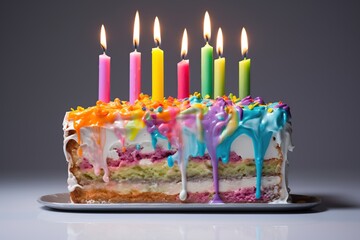 Piece of birthday cake with candles covered with colorful liquid cream.