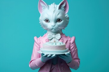 Cat in a suit holding a birthday cake. Waiter congratulations on the holiday.