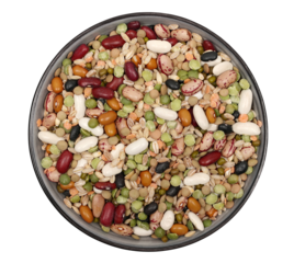 Mix legumes and cereals in bowl (beans, peas, lentils, barley, spelt) isolated on white, top view