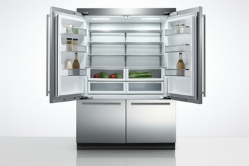 A contemporary double door fridge with stainless steel construction, completely frost-free freezer. Generative AI