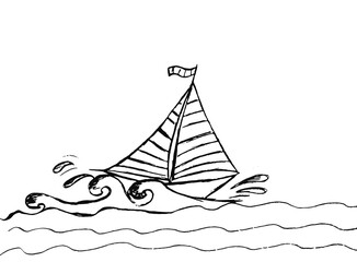 The boat sails on the waves