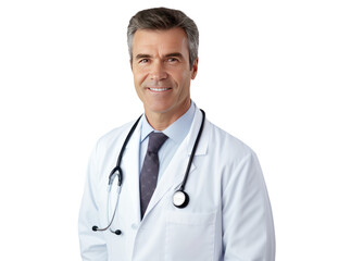 professional middle age doctor Man with stethoscope on his neck in medical work clothes- medium shot on transparent white background png for healthcare designs