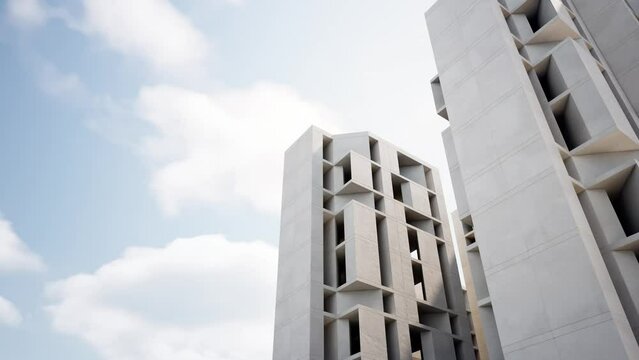 Concrete building with modern design. 3d rendering of abstract architecture with sky background.