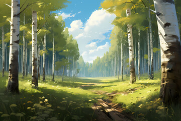birch forest in a sunny afternoon during autumn anime styel - obrazy, fototapety, plakaty