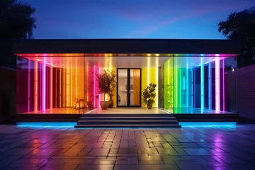 Foto op Canvas Modern house at night illuminated in LGBT rainbow colors © PicMedia