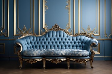 Classic blue sofa in classic interior with gold ornament, ai generative