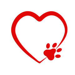 red pet paw heart shape art drawn