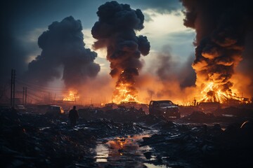 Environmental pollution. Fire at the landfill. The concept of ecological disaster, disaster, disaster.