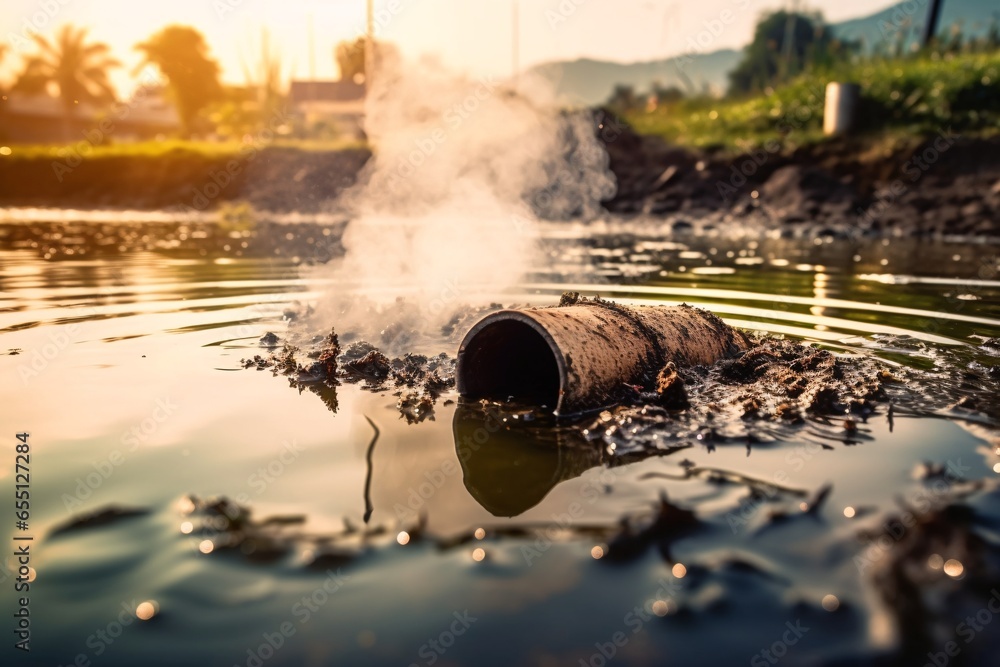 Wall mural environmental pollution. wastewater. dirty water pipe polluting the environment. pollution concept. 