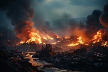 Environmental pollution. Fire at the landfill. The concept of ecological disaster, disaster, disaster.