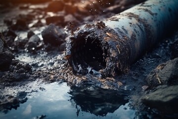 Environmental pollution. Wastewater. Dirty water pipe polluting the environment. Pollution concept. Drainage pipe in the water. Selective focus. Pollution of water.